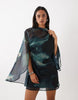 High Neck Drape Front Extreme Cape Sleeve Mini Dress In Blue Grey Abstract