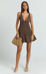 Virginia Mini Dress - Dropped Waist Gathered Mini Dress in Chocolate