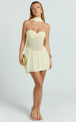 Carter Mini Dress - Strapless Front Twist Dropped Waist With Neck Scarf Dress in Lemon