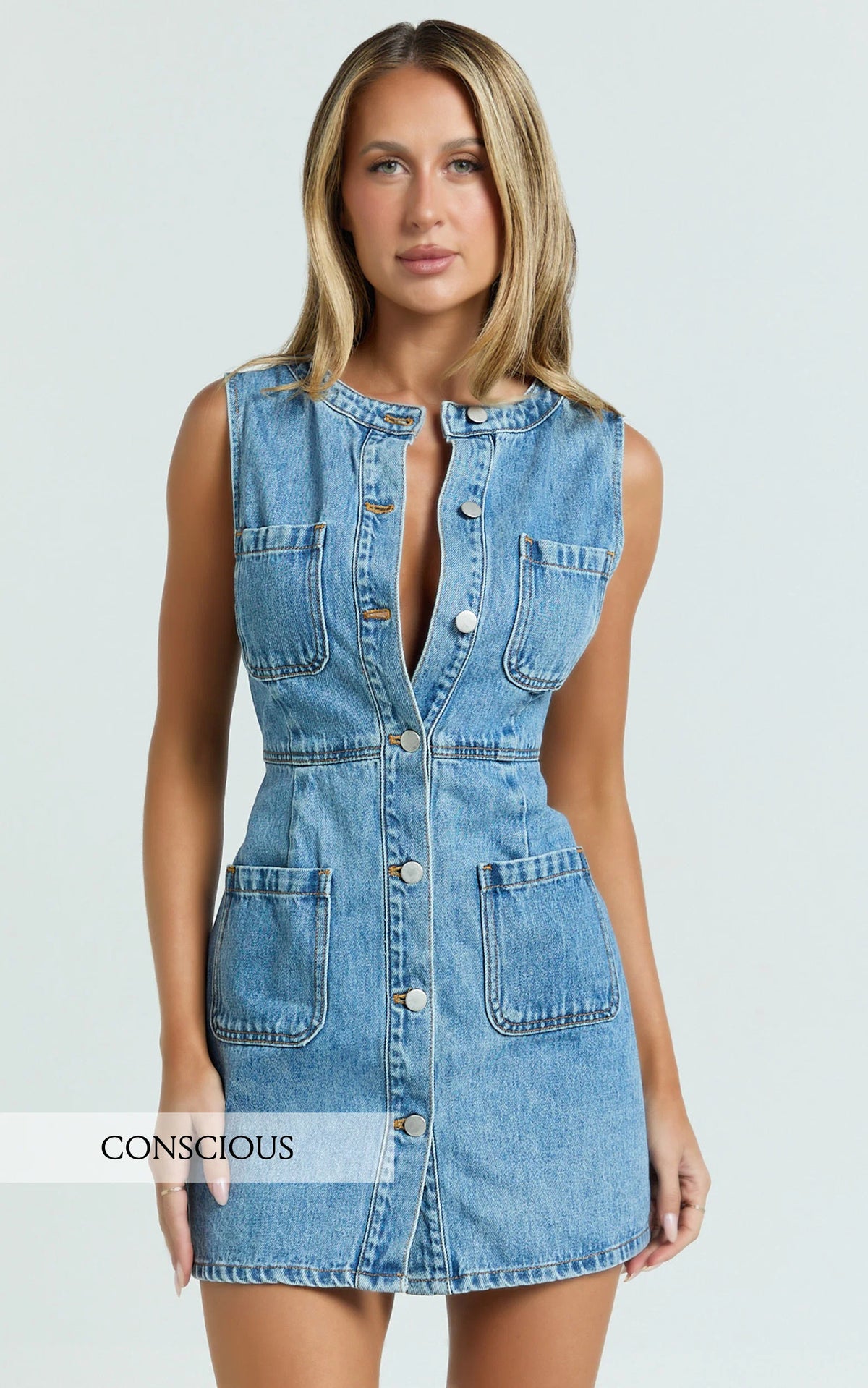 Stephanie Mini Dress - Scoop Neck Pocket Detail Recycled Denim Dress in Light Blue Wash