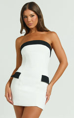 Terry Mini Dress - Straight Neck Contrast Trims Fitted Dress in White