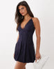Lace Plunge Mini Dress With Flare Skirt In Navy