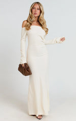 Ayla Maxi Dress - Off Shoulder Flared Sleeve Bodycon Dress in Off White