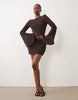 Mesh Waterfall Sleeve Ruched Mini Dress In Brown