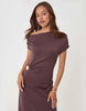 Threadbare Off Shoulder Draped Jersey Maxi Dress In Chocolate Brown