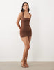 Oh Polly Modal Square Neck Ruched Bodycon Mini Dress In Chocolate