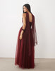 Lace & Beads Tulle Bandeau Scarf Neck Corset Maxi Dress In Burgundy