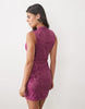 Flocked Mesh Mandarian Detail Mini Dress In Plum