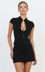 Briony Top - High Neck Front Key Hole Hook And Eye Top in Black