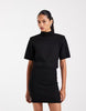 Shoulder Pad Short Sleeve Ruched Dress In Black
