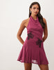Mesh Mini Dress With Floral Applique Details In Plum