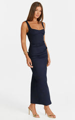 Benita Midi Dress - Scoop Neck Ruched Fitted Dress in Navy
