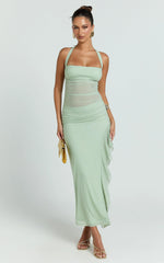 Almarie Midi Dress - Halter Neck Mesh Dress in Sage