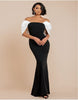 Goddiva Contrast Off Shoulder Back Satin Bow Maxi Dress In Black Cream