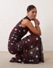 Printed Polka Dot Ruched Drop Waist Circle Dress With Grown In Neck In Burgundy