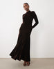 Bardot Velvet High Neck Long Sleeve Ruched Detail Godet Maxi Dress In Chocolate