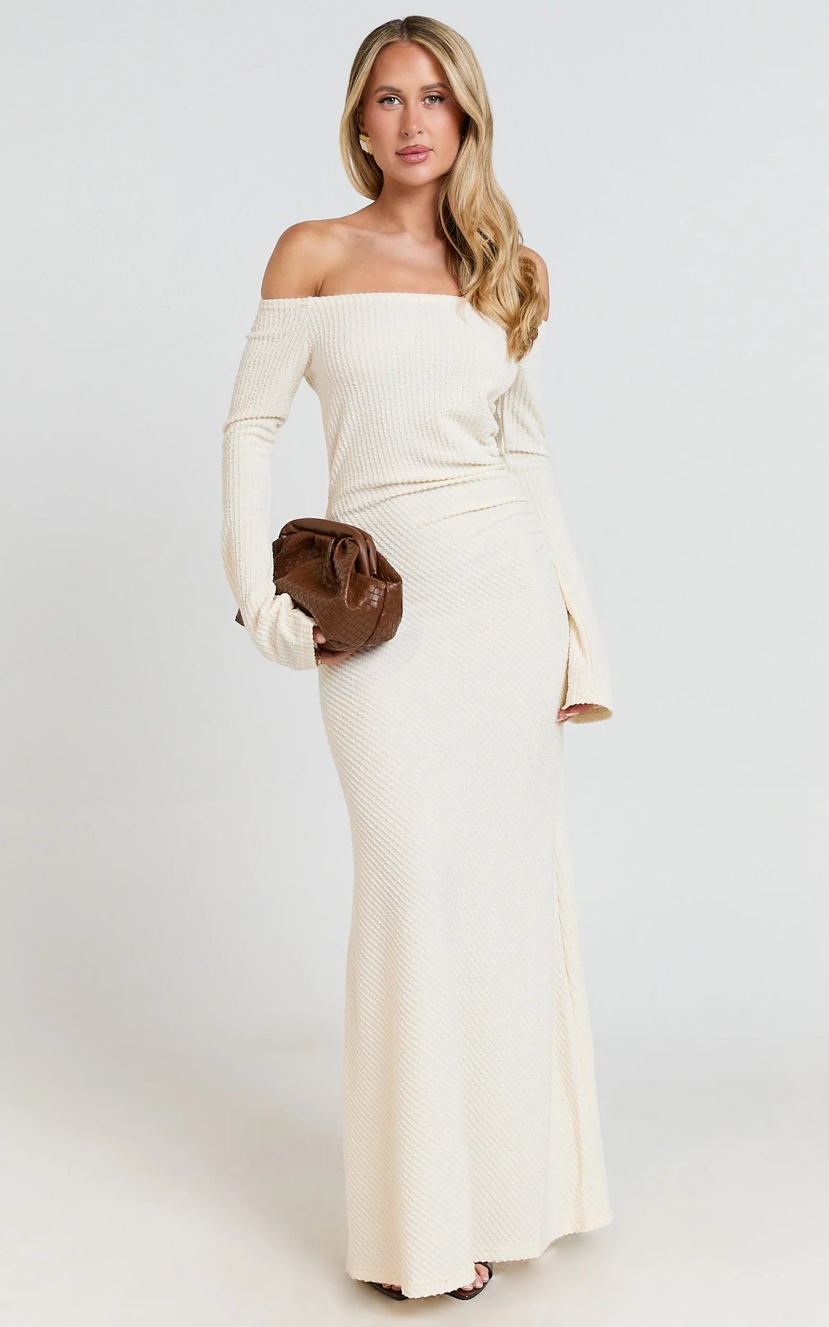 Ayla Maxi Dress - Off Shoulder Flared Sleeve Bodycon Dress in Off White