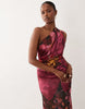 One Shoulder Satin Maxi Dress With Pleat Detail In Red Floral Print