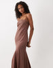 Slip Cami Maxi Dress With Lace Insert In Chocolate Brown
