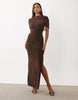 Missyempire Double Sculpted Slinky Mesh Overlay Cape Detail Maxi Dress In Chocolate