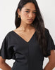 V Neck Satin Midi Tea Dress In Black