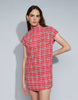 High Funnel Neck Mini Dress In Red Boucle