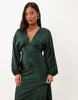 Nobody'S Child Petite Allura Satin Balloon Sleeve Plunge Neck Maxi Dress In Dark Green