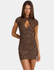 Oh Polly Printed Mesh Mandarin Collar Cap Sleeve Bodycon Mini Dress In Leopard