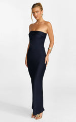Zaya Midi Dress - Strapless Satin Slip Dress in Navy