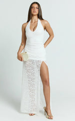 Ellen Maxi Dress - Plunge Neck Lace Frill Hem Dress in White