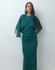 Maxi Chiffon Dress With Asym Sleeves In Dark Green