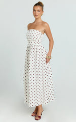Polly Midi Dress - Strapless Ruched Dress in Red Polka Dot