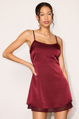 Dandria Wine Red Satin Cowl Back Mini Dress