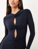 Slinky Twist Plunge Maxi Dress With Long Sleeves In Navy