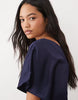 V Neck Satin Midi Tea Dress In Navy