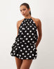 Lioness When In Rome High Neck Tie Waist Mini Dress In Mono Polka Dot