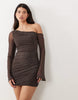 Printed Mesh Off Shoulder Mini Dress With Angel Sleeve In Spot Print