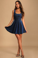Best Date Ever Blue Metallic Skater Mini Dress
