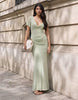 Draped Mesh Asymmetric Sleeve Maxi Dress In Sage Green