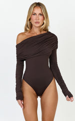 Hallie Bodysuit - One Shoulder Draped Long Sleeve Bodysuit in Chocolate