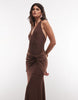 Floor Length Maxi Dress With Drop Waist Twist In Chocolate