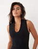 Plunge Front Grown On Neck Mini Dress In Black