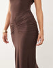High Neck Godet Detail Column Maxi  Dress In Brown