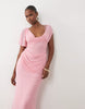 Mesh Draped Asymmetric Sleeve Maxi Dress In Pink