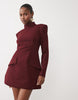 Bardot High Neck Shoulder Pad Front Pocket Detail Mini Dress In Burgundy