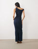 Vesper Bengaline Asymmetric Off Shoulder Ruched Front Maxi Dresss In Navy