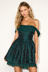 Kalara Dark Green Jacquard Off-the-Shoulder Mini Dress