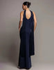 Goddiva Sculpting Stretch Jersey & Velvet Satin Cape Sleeve Halterneck Maxi Dress In Navy
