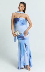 Angie Maxi Dress - Strapless Bias Column Dress with Scarf in Blue Print