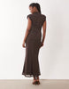 Printed Mesh High Neck Detail Maxi Dress With Shoulder Pads In Polka Dot